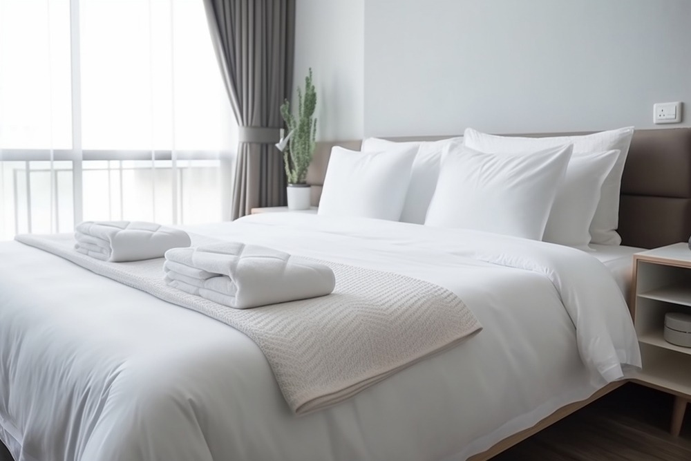 A beautiful hotel bed with white linens.