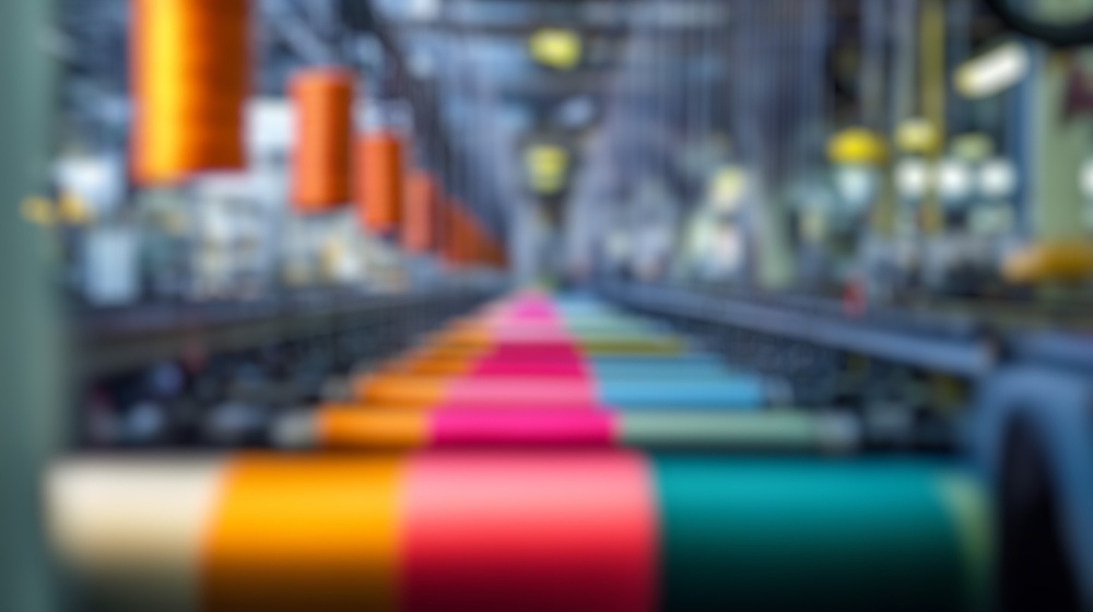 A defocused background featuring colorful spools of thread in textile manufacturing.